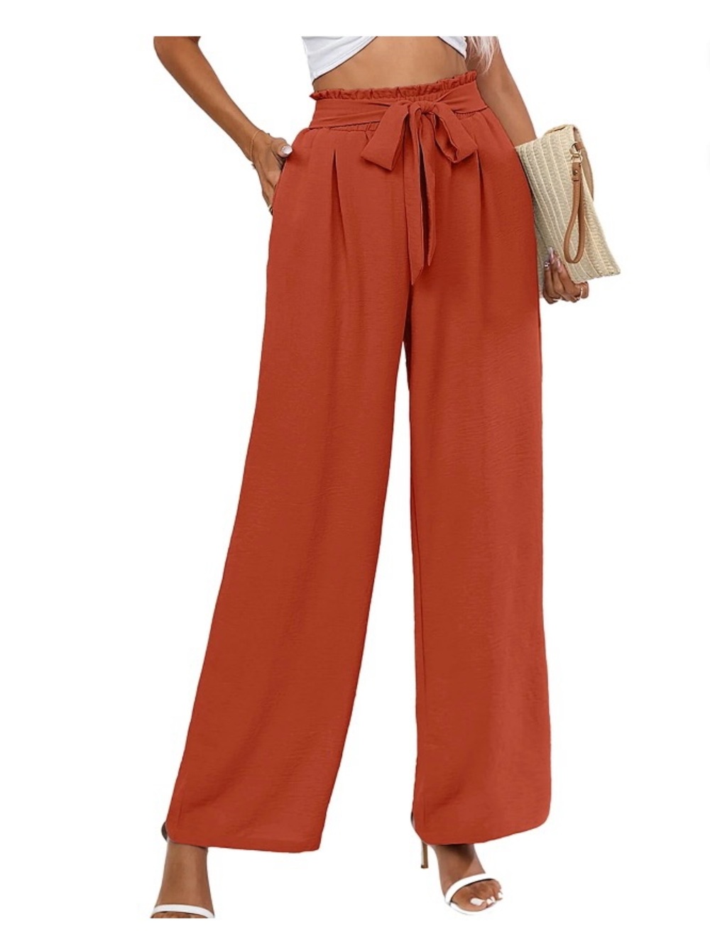 High-Waist Paperbag Wide-Leg Pants - Rust